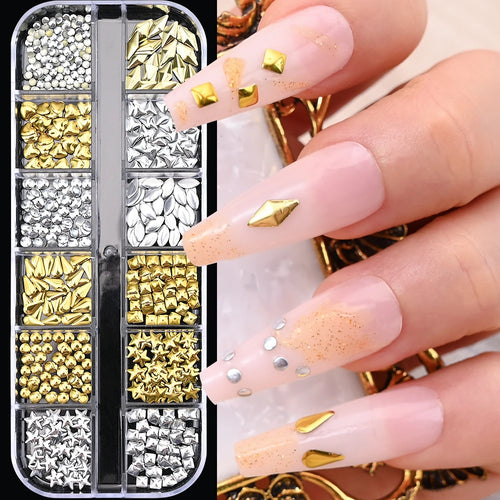 12Grids Ocean Gold Nail Art Charms Shell/Seahorse/Starfish White Half