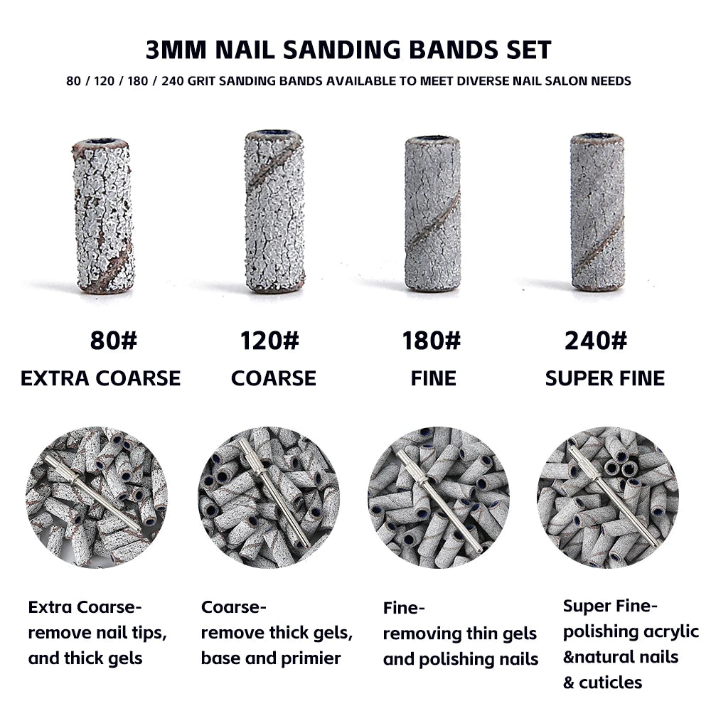 3mm Nail Sanding Bands-80/120/180/240 Grit Mini Nail Drill Bit