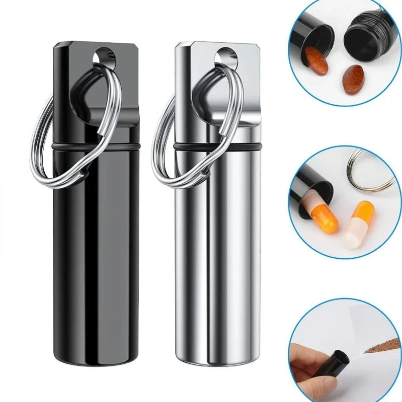 1pcs Waterproof Aluminum Pill Box Keychain Carabiner Medicine Case