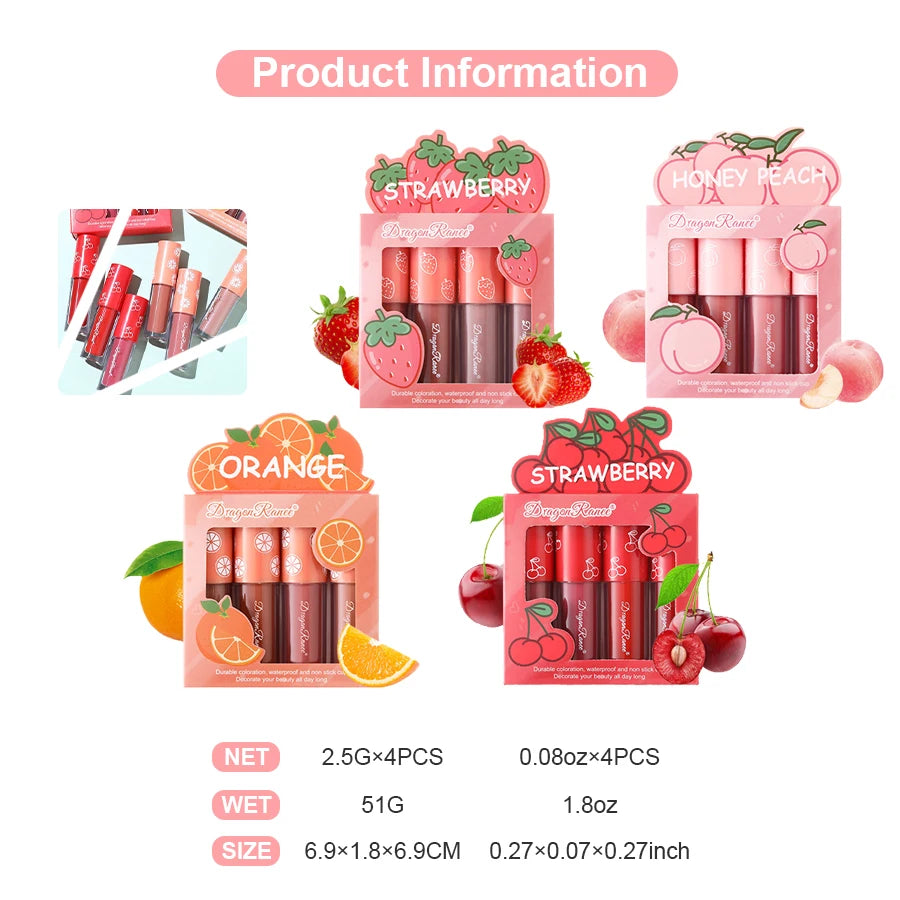 Velvet Matte Lip Glaze Set, Non-Fading, Non-Stick Cup, Fruit Makeup