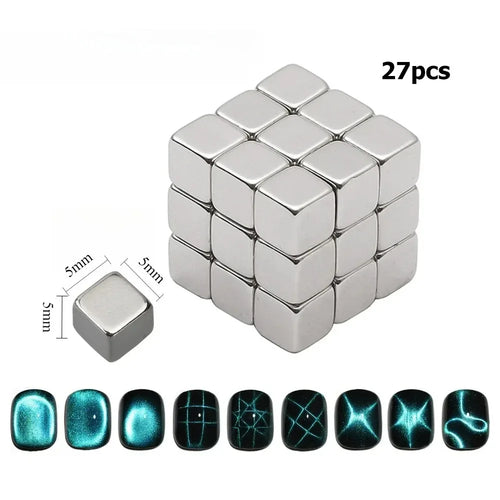 27pcs Cat Eye Magnet Cube for Nails Strong Magnetic Square Stick 9D/5D
