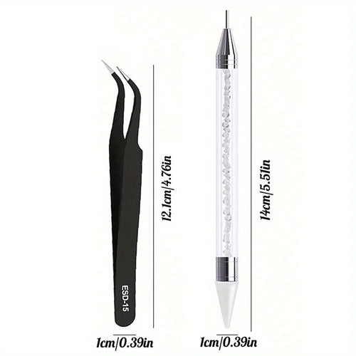 2Pcs set of manicure double-ended diamond pens with crayons stainless