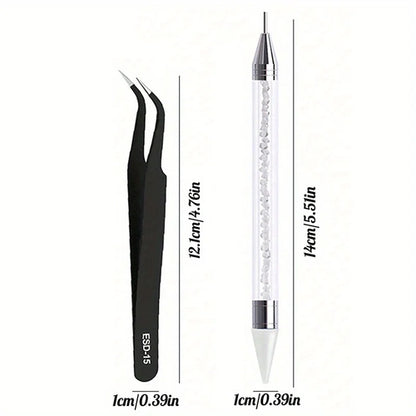 2Pcs set of manicure double-ended diamond pens with crayons stainless