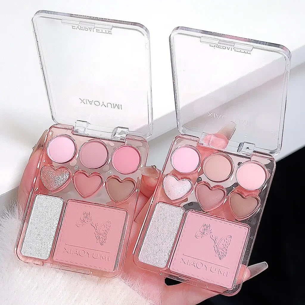 Heart-shaped 8-color eyeshadow tray with blush highlight - matte,