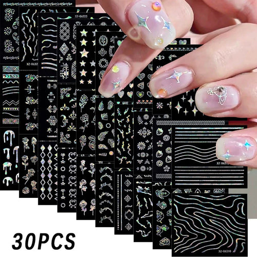 6/30Pcs Nail Stickers 3D Laser Gold Retro French Line Flower Art