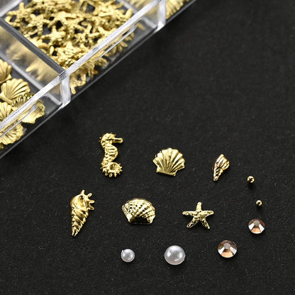 12Grids Ocean Gold Nail Art Charms Shell/Seahorse/Starfish White Half