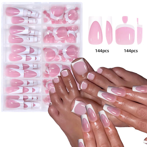 144pcs French hand and foot wear nail set summer short square shiny