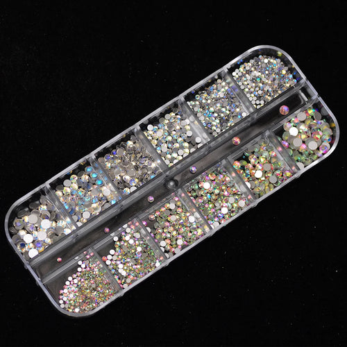 12 Grids Clear Mixed Sizes Nail Art Rhinestones Crystal 3D Glitter Non