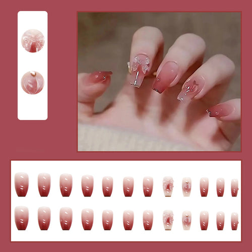 24pcs Chromic Heart Peach Bowknot 3D False Nails Gradient Pink Color