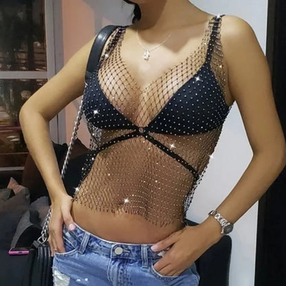 Sexy Shiny Rhinestone Fishnet Women Y2K Tank Tops See Through Crop Top Summer Beach Cover Up Tops Party Nightclub Women Clothing