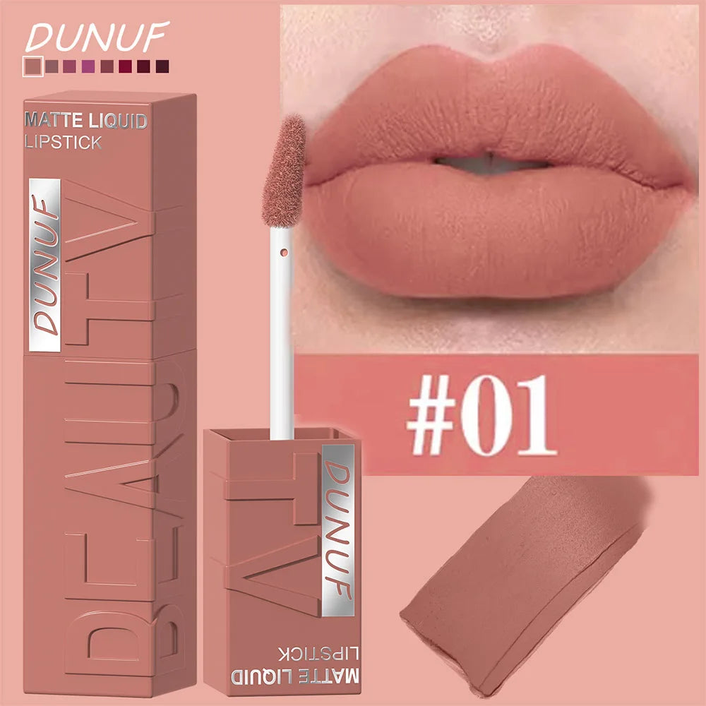 DUNUF  8-color matte velvet smooth easy-to-apply square tube lip gloss