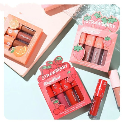 Velvet Matte Lip Glaze Set, Non-Fading, Non-Stick Cup, Fruit Makeup