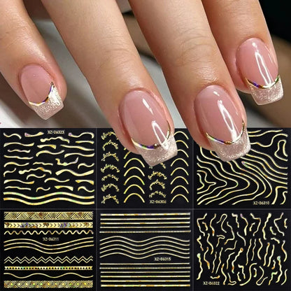 6/30Pcs Nail Stickers 3D Laser Gold Retro French Line Flower Art