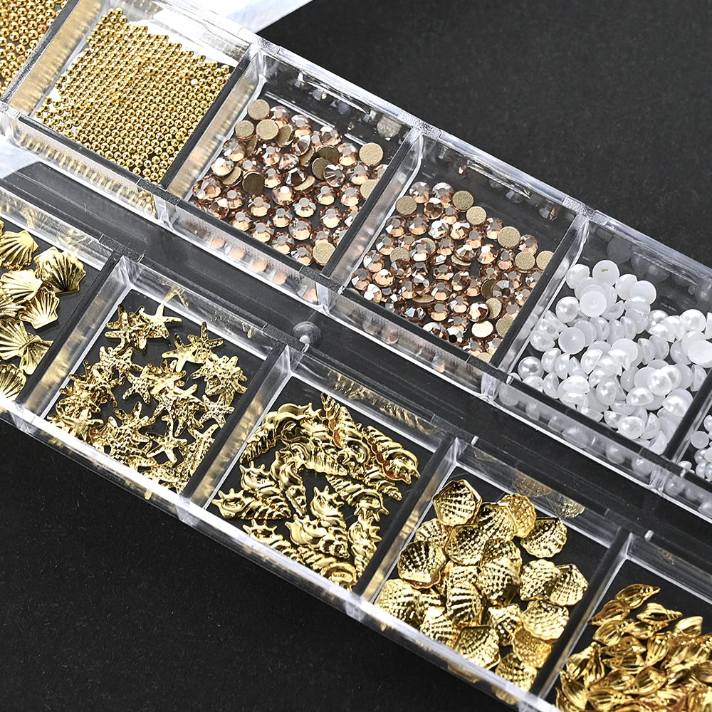 12Grids Ocean Gold Nail Art Charms Shell/Seahorse/Starfish White Half