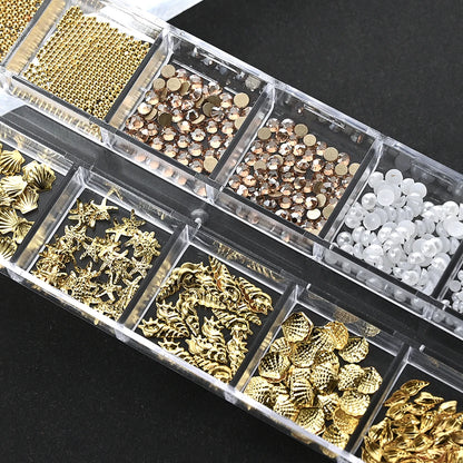 12Grids Ocean Gold Nail Art Charms Shell/Seahorse/Starfish White Half