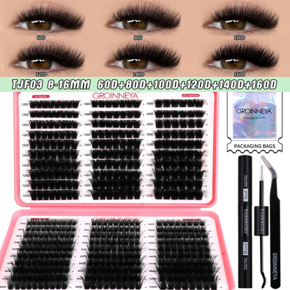 GROINNEYA DIY Lash Clusters Kit Mixed Tray Eyelash Extension Full Set
