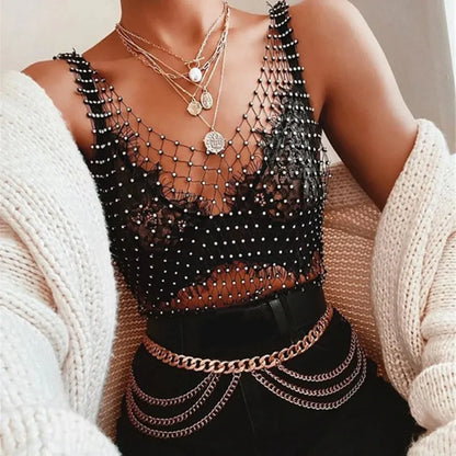 Sexy Shiny Rhinestone Fishnet Women Y2K Tank Tops See Through Crop Top Summer Beach Cover Up Tops Party Nightclub Women Clothing