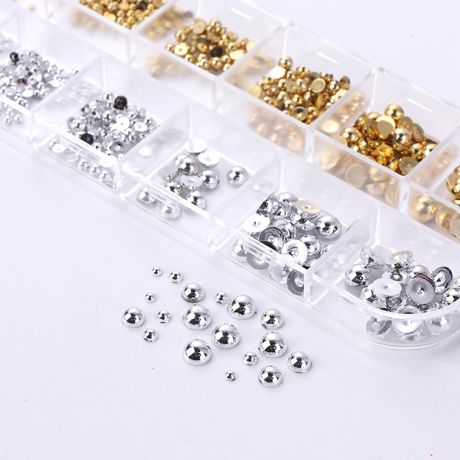 12Grids Mixed Color Gold Silver Flat Half round Pearl Nail Parts