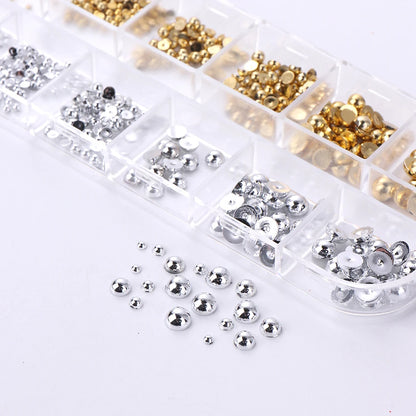 12Grids Mixed Color Gold Silver Flat Half round Pearl Nail Parts