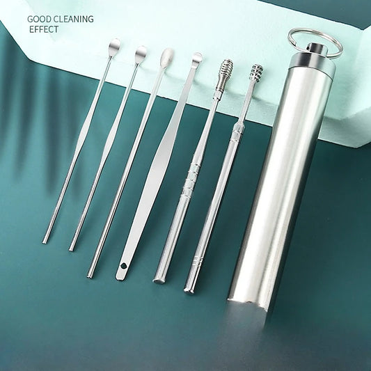 Stainless Steel Ear Wax Removal Tool 6 Piece Set Spiral Rotating Ear