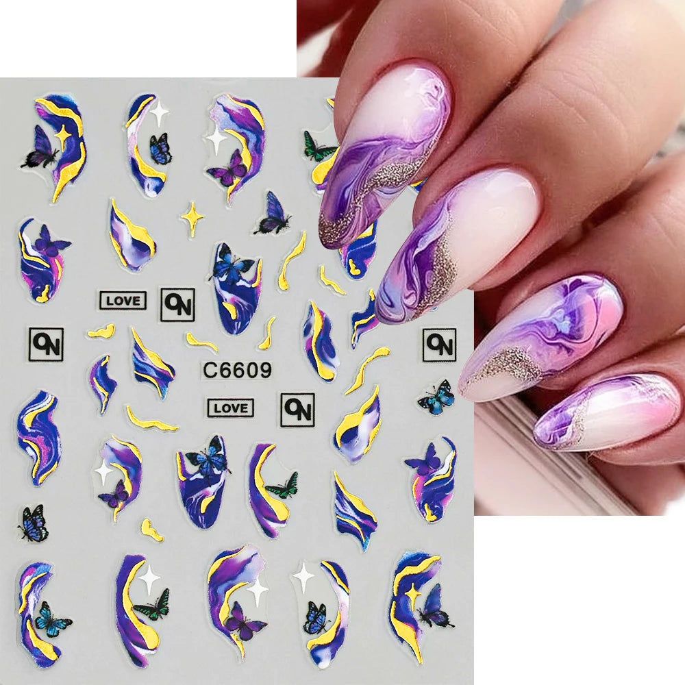 1Pcs 3D Blue Purple Marble Stripe Nail Art Stickers Bronzing Wave Line