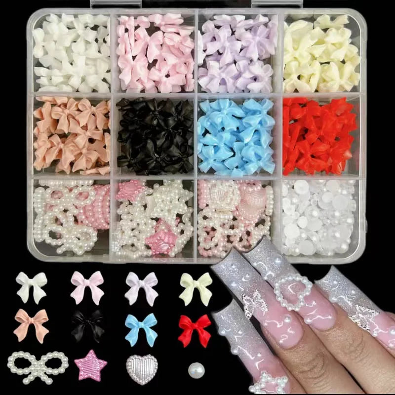 12Grids/box Mixed Resin Bowknot Nail Art Decorations 3D Acrylic Charms
