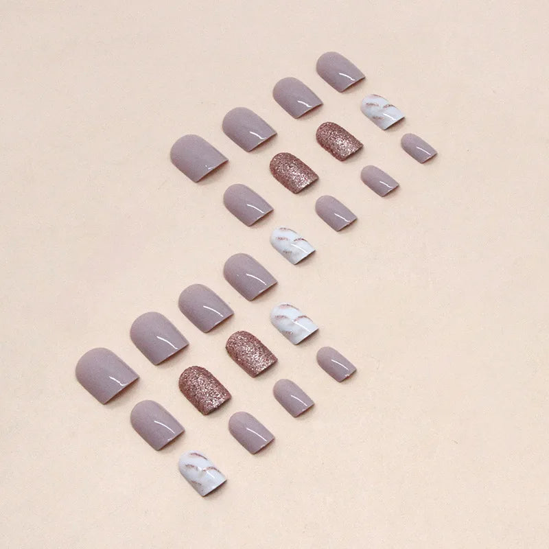 24 PCs Short French Glossy Glitter Nails with 1 Jelly Gel and 1 Nail