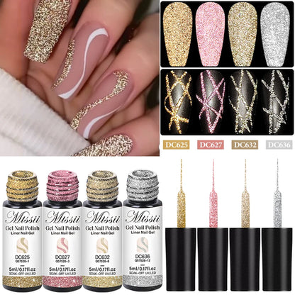 2/4/6pcs Reflective Glitter Liner Gel Nail Polish Set Pull Line