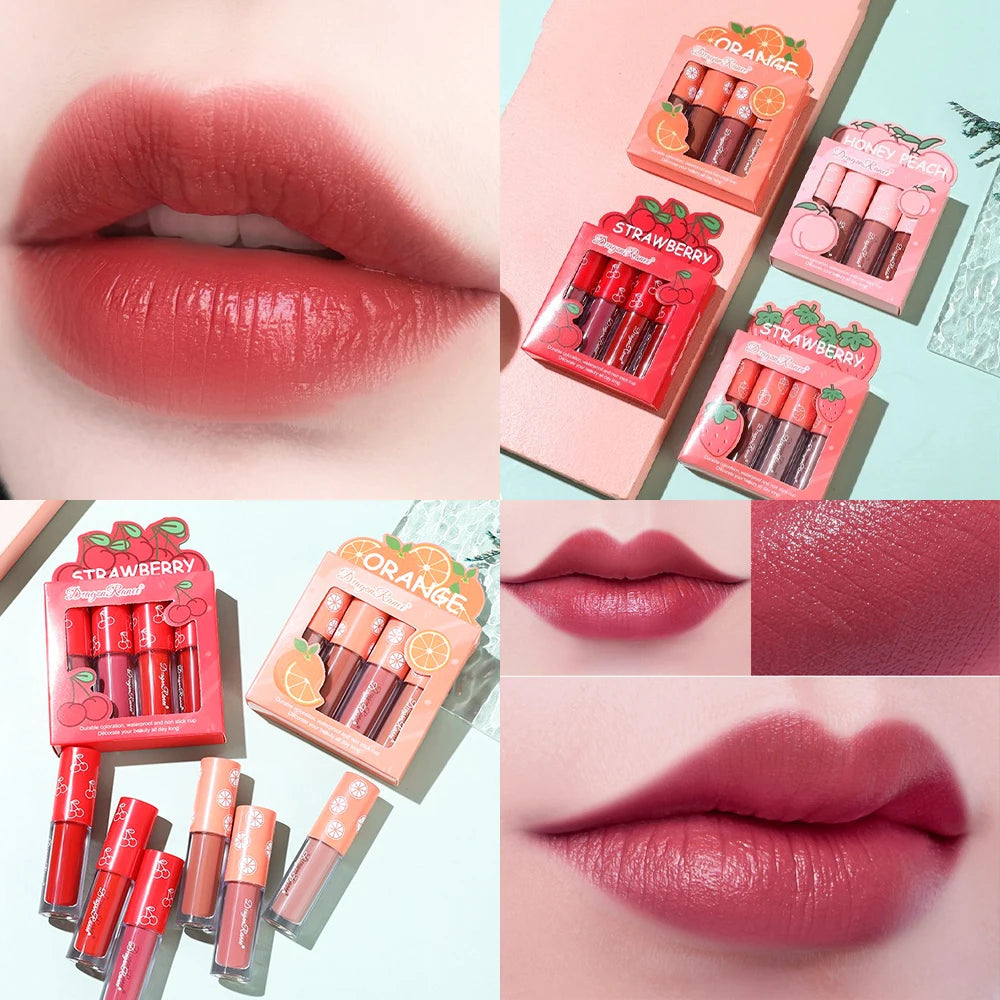 Velvet Matte Lip Glaze Set, Non-Fading, Non-Stick Cup, Fruit Makeup