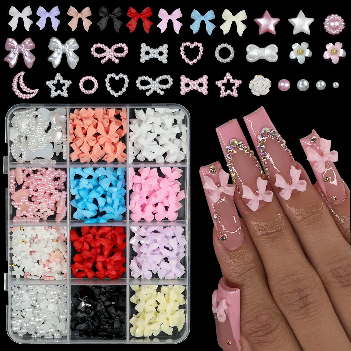 12/15Grids/box Mixed Resin Bowknot Nail Art Decorations 3D Acrylic