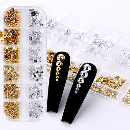 12Grids Mixed Color Gold Silver Flat Half round Pearl Nail Parts