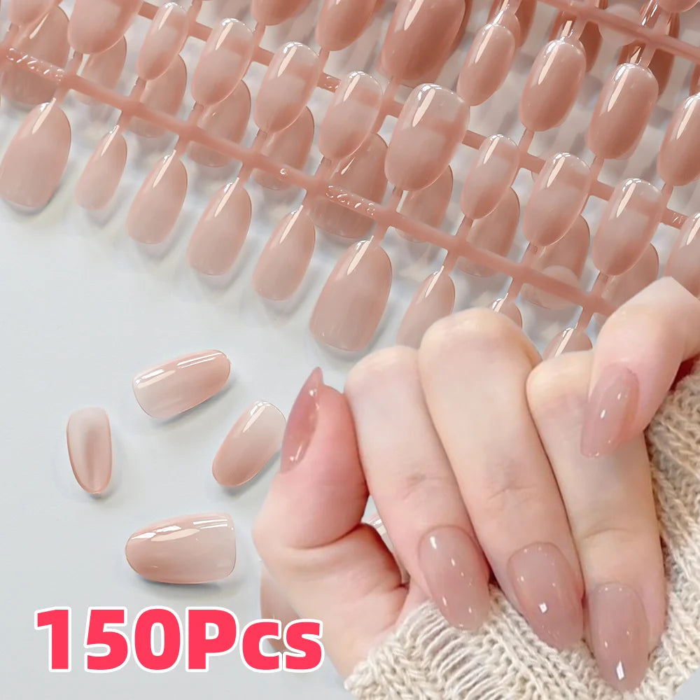 150Pcs Gradient Nude Short Almond Fake Nails XS/S/M Size Glossy Full