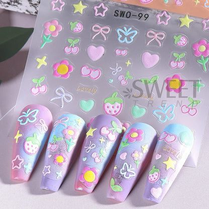 2pcs Sweet Element Nail Art Stickers Simple Flower Heart Cherry