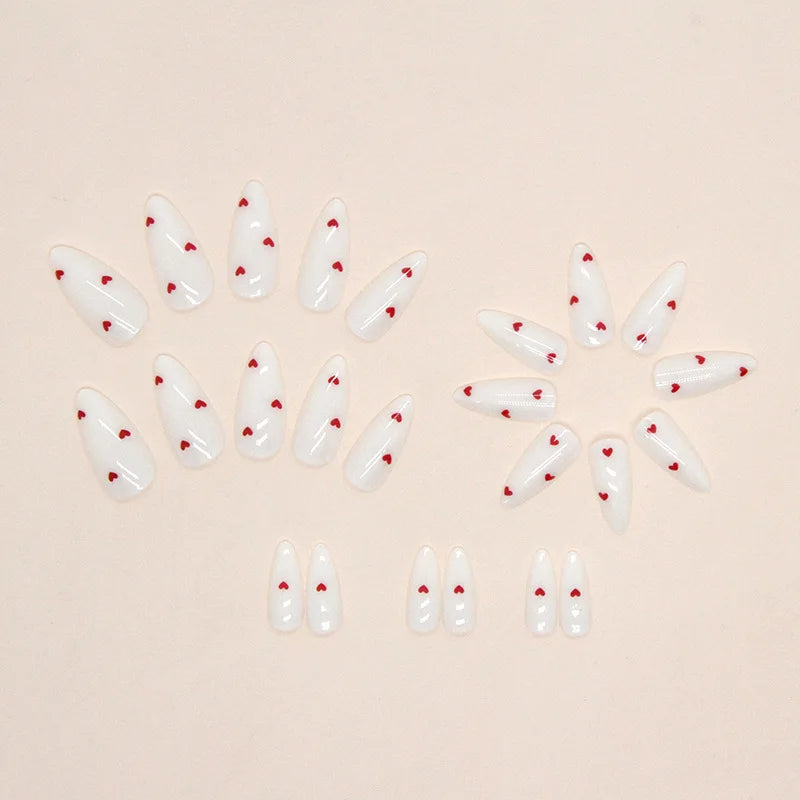 24 PCs Long Almond Shaped French Heart Nails with 1 Jelly Gel and 1