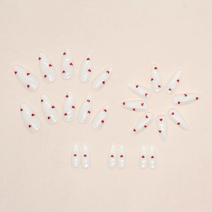 24 PCs Long Almond Shaped French Heart Nails with 1 Jelly Gel and 1