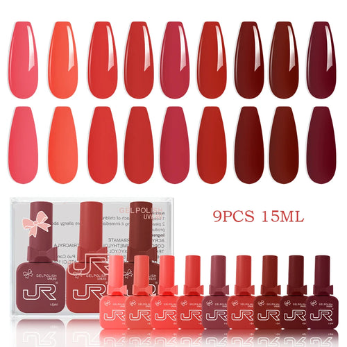 JR 9pcs 15ml gel nail polish set Including Red Pink Nude Gel Polish