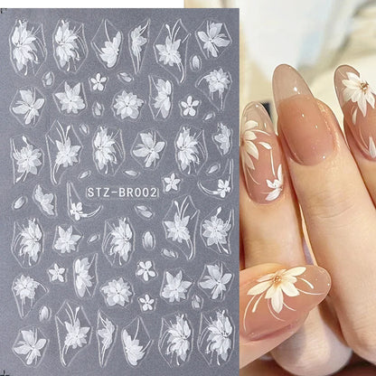 3D White Flower Nail Art Stickers Cute Floral Adhesive Sliders Acrylic
