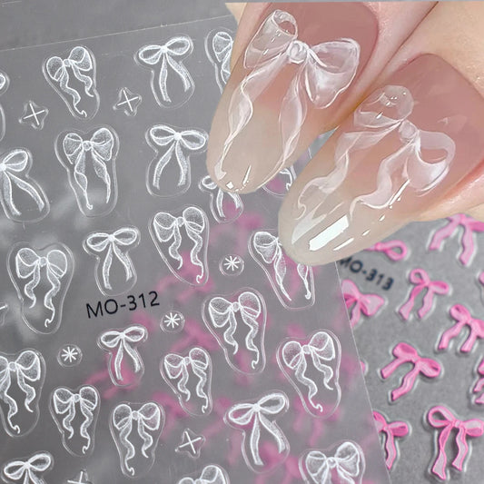 Bowknot Nail Stickers 3D Relief White Ribbon Cute Sweet Pink