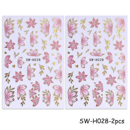 2/3pcs Golden Pink Hibiscus Flower Nail Stickers 3D Bronzing Border