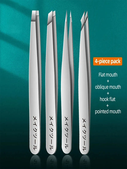 4 Sets of Pink Tweezers for Daily Cleaning of Eyebrows, Eyelashes and