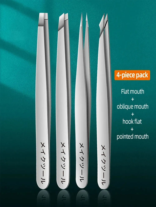 4 Sets of Pink Tweezers for Daily Cleaning of Eyebrows, Eyelashes and