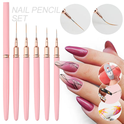 7/10/12/15/20m Pink French Nail Art Liner Painting Brush 5Pcs/set