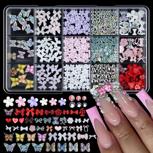 12/15Grids/box Mixed Resin Bowknot Nail Art Decorations 3D Acrylic