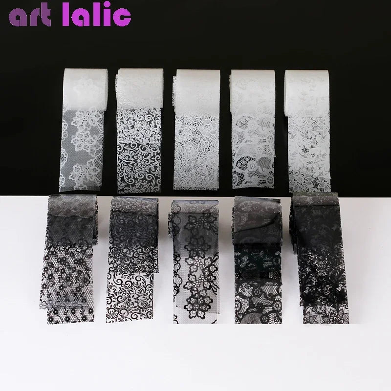 10 Rolls 2.5*60cm New Black White Lace Transfer Foil Nail Art Sexy