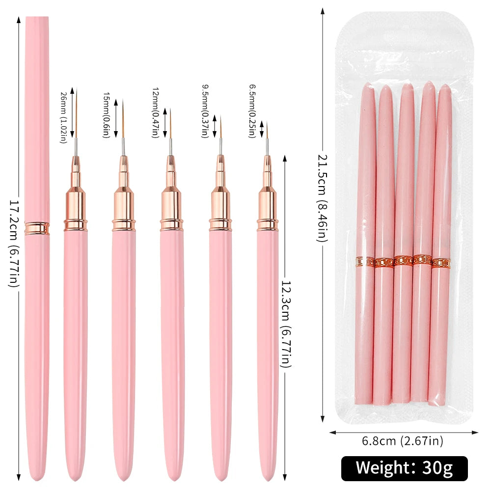 7/10/12/15/20m Pink French Nail Art Liner Painting Brush 5Pcs/set