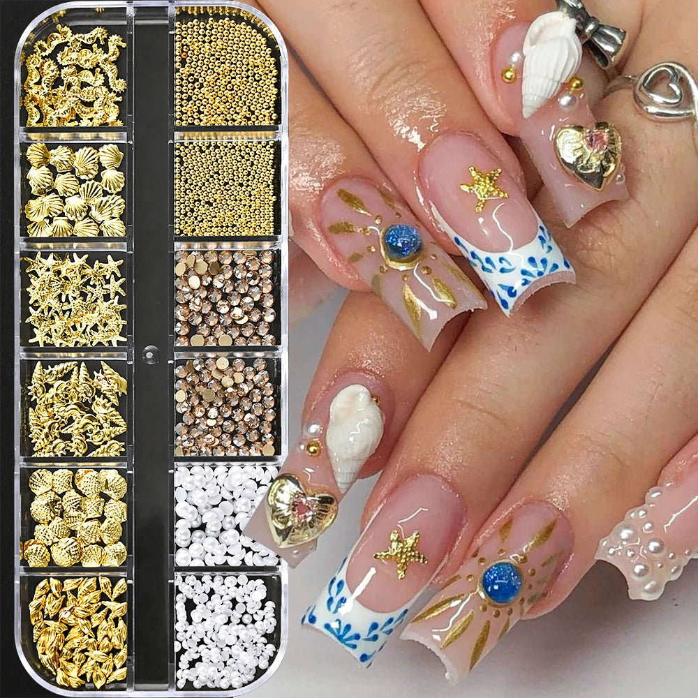 12Grids Ocean Gold Nail Art Charms Shell/Seahorse/Starfish White Half