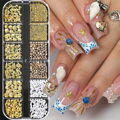 12Grids Ocean Gold Nail Art Charms Shell/Seahorse/Starfish White Half