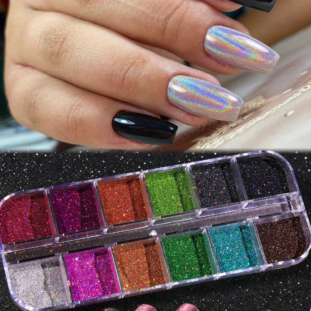 Holographic Powder Set Holo Silver Rub Dust Black Pink Chrome Nail