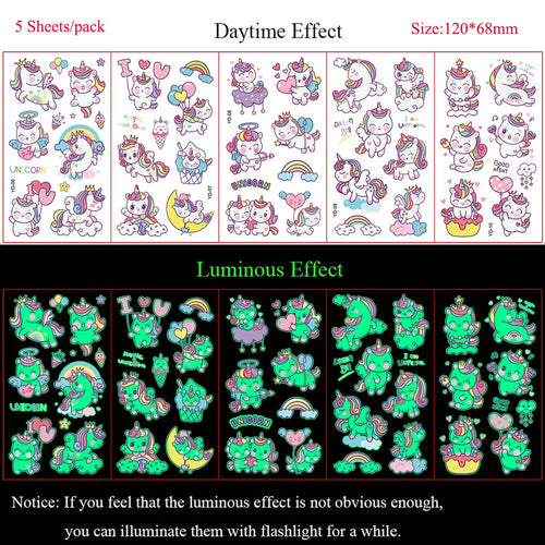 5 Sheets Luminous Tattoo Stickers Temporary Colorful Animal Dinosaur