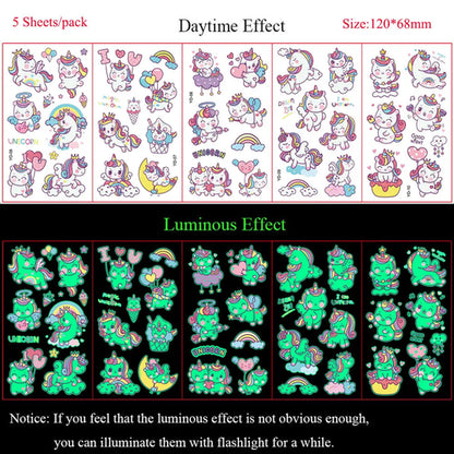 5 Sheets Luminous Tattoo Stickers Temporary Colorful Animal Dinosaur